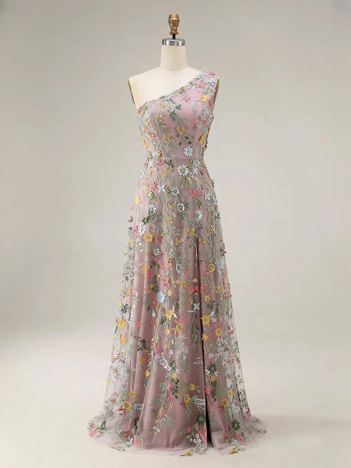 Mauve embroidered one-shoulder A-line tulle prom dress on mannequin with slit