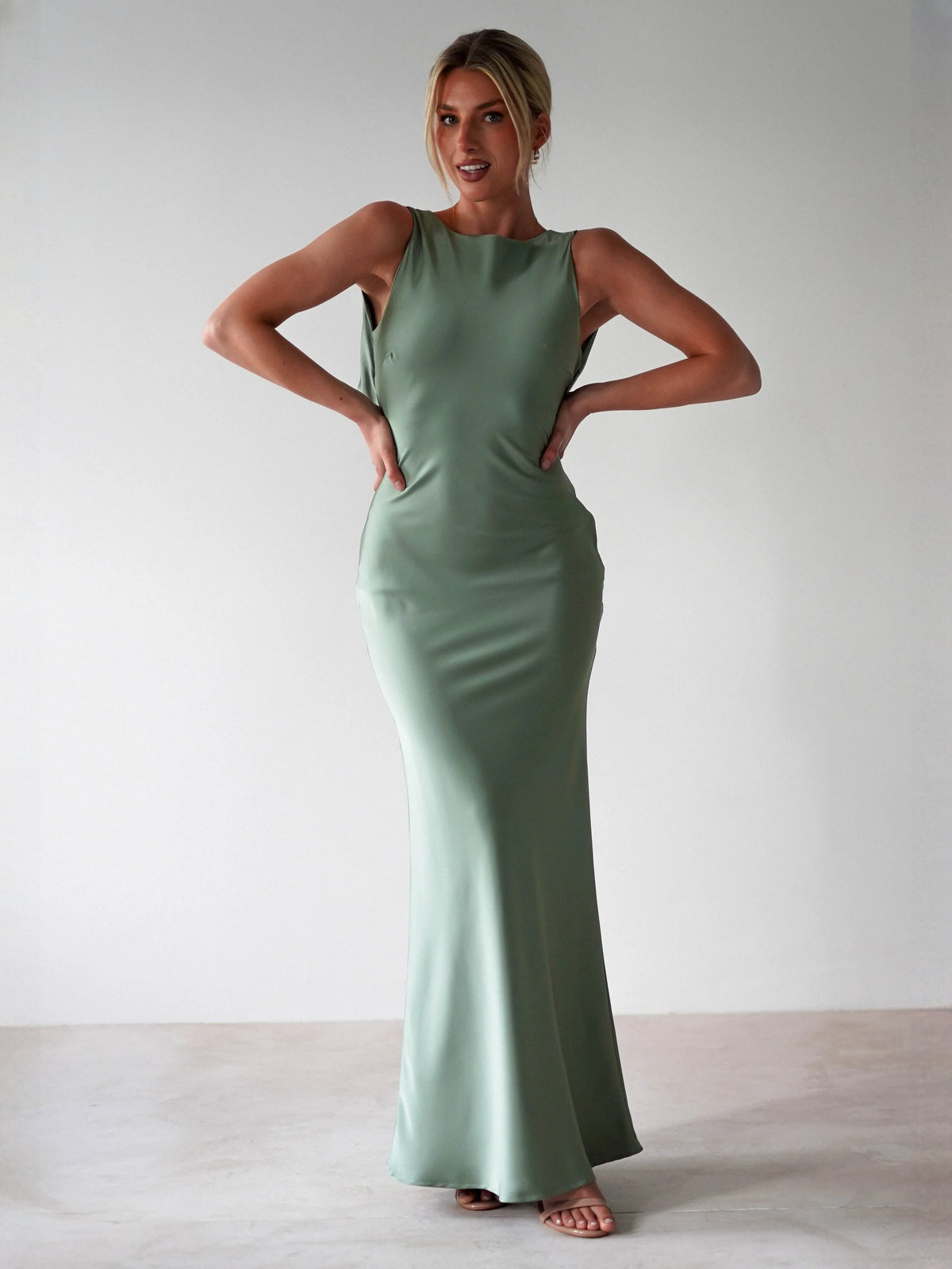 Olive sheath maxi formal dress with sheath, alternate full-length view showing the waist