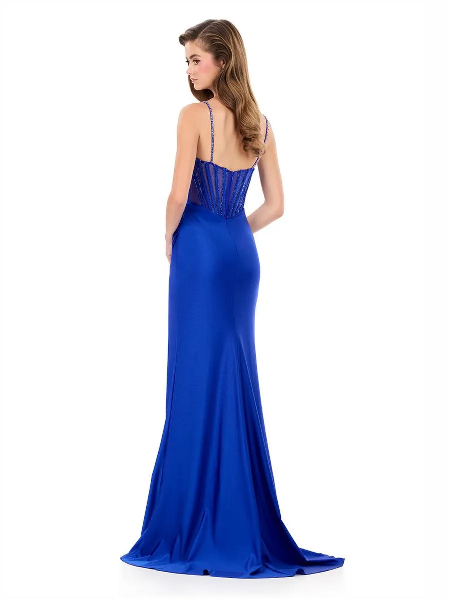 Cobalt blue sweetheart corset mermaid formal dress with spaghetti straps