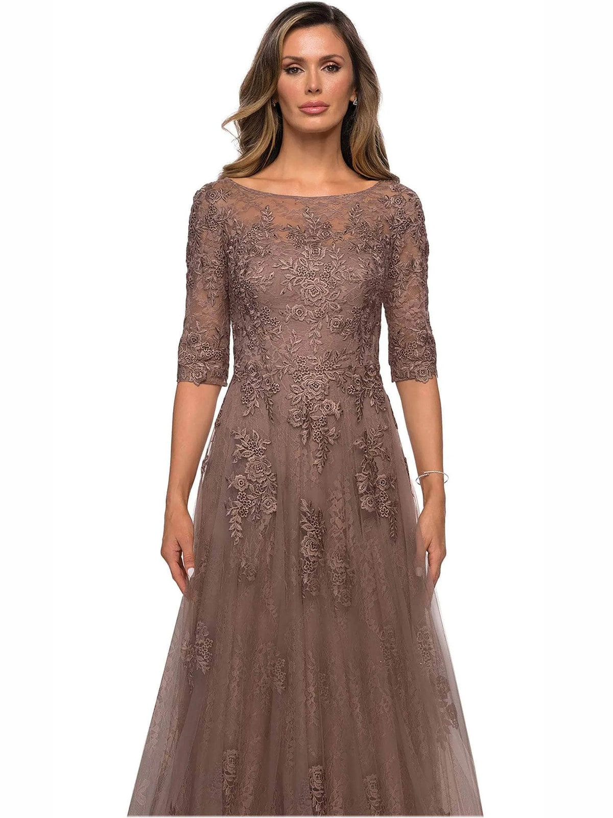 Taupe embroidered floral A-line tulle mother of the bride dress with 3/4 lace sleeves