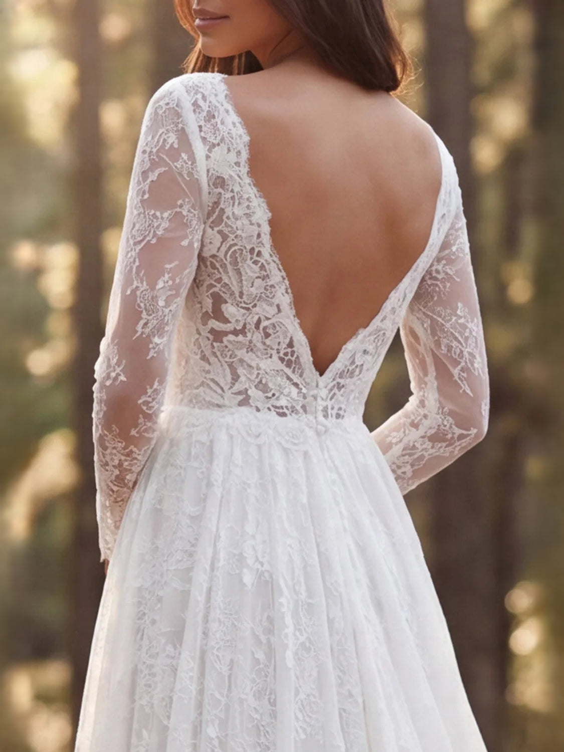 Ivory open-back lace wedding dress with sheer long sleeves and V-shaped back