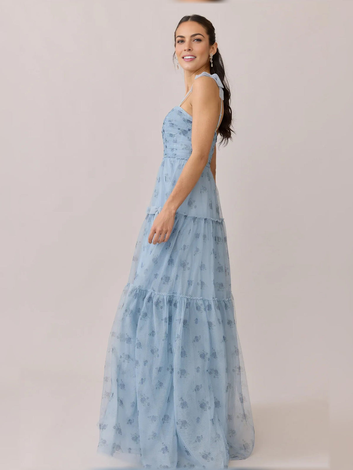 Sky blue floral square-neck tiered formal dress, full length side profile