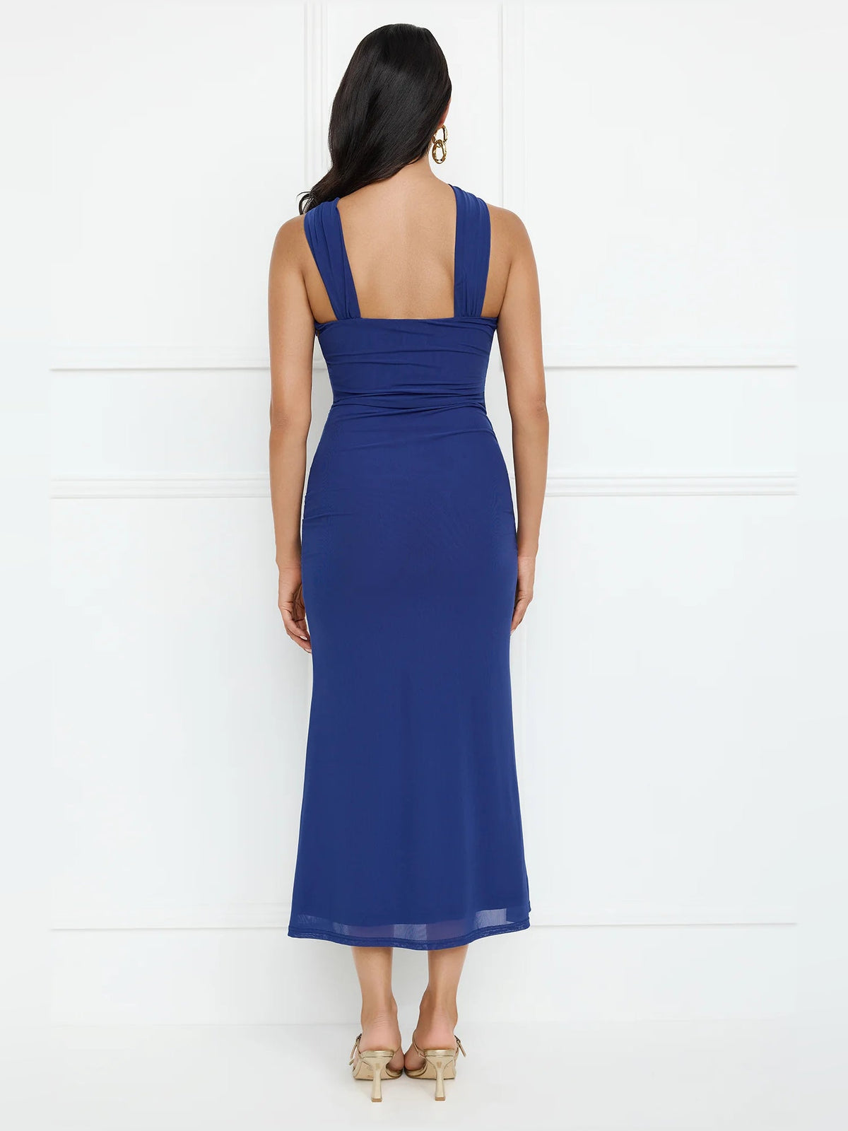 Blue one-shoulder mesh midi dress with scoop back and slim fitted silhouette