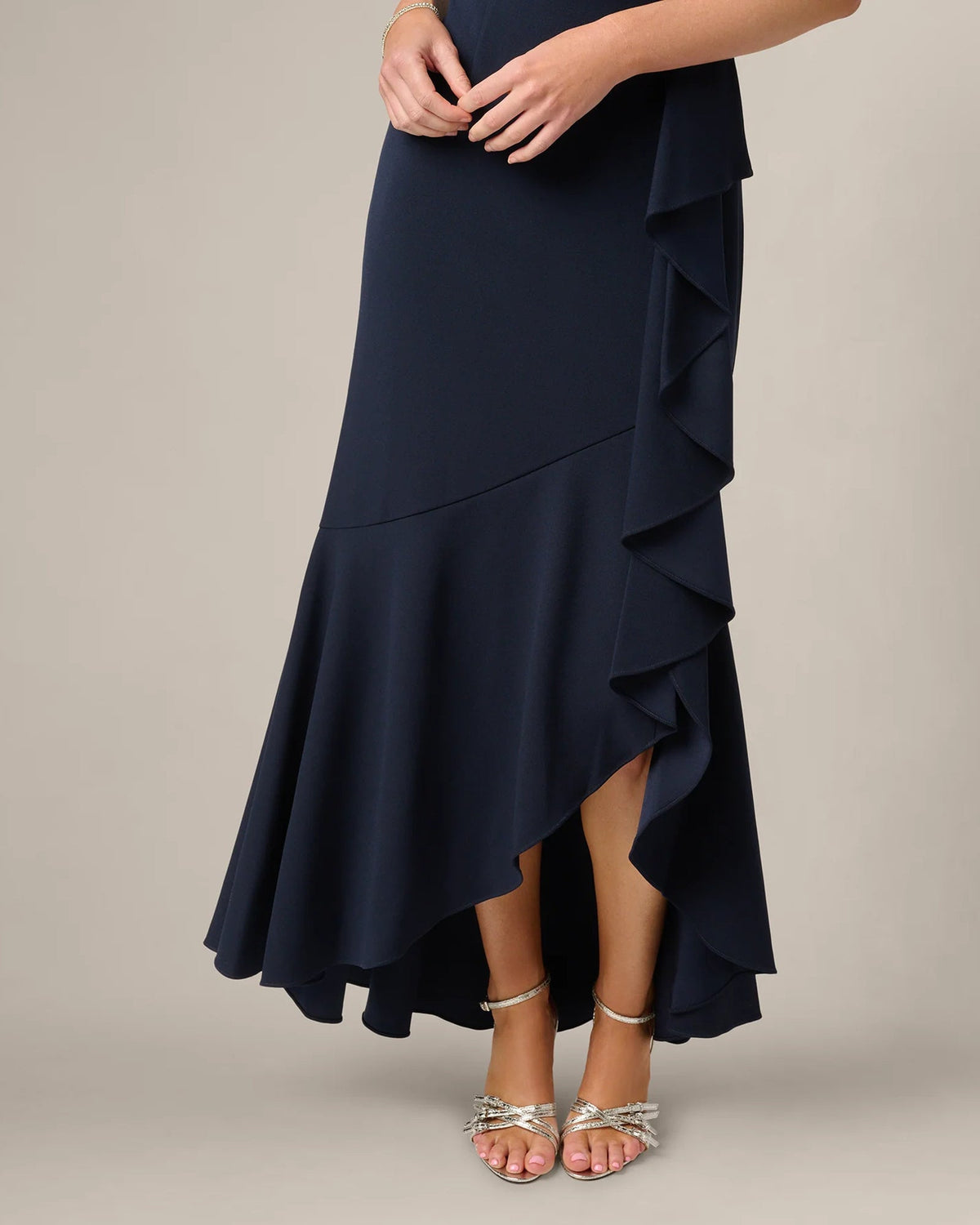 Midnight blue mermaid maxi dress with layered ruffle hem and side slit