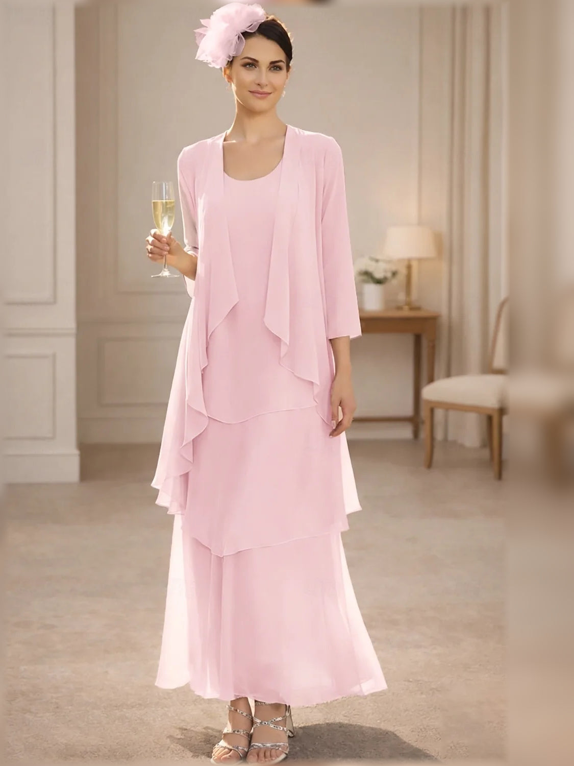 Layered scoop-neck A-line maxi chiffon dress in dusty pink, chiffon cape sleeves