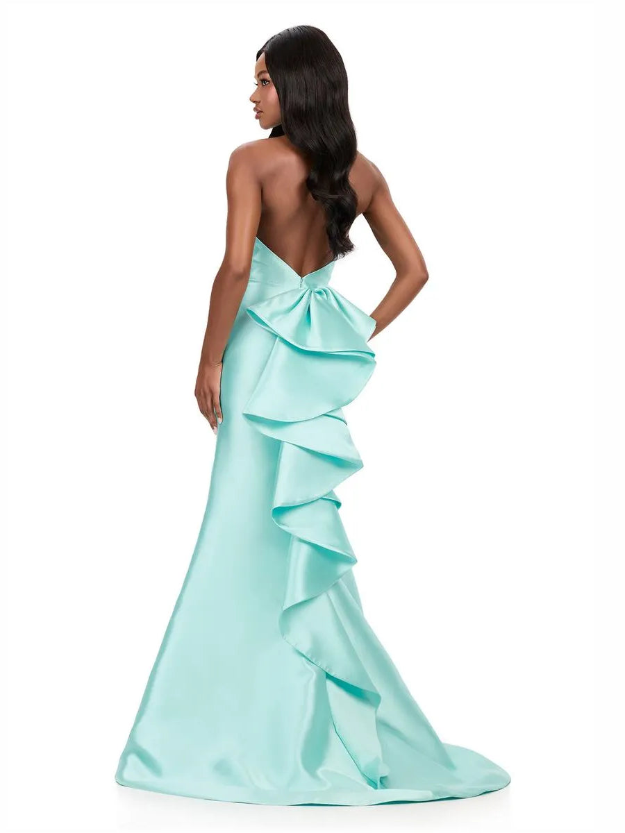 Aqua satin halter corset ruffle floor-length gown with layered back detail
