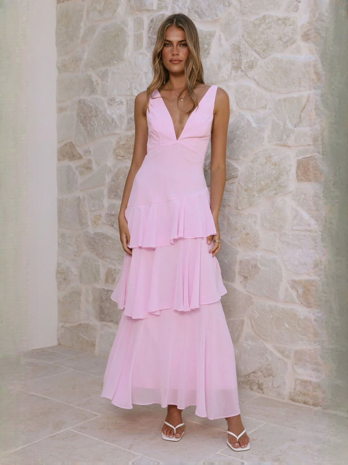 Light Pink a-line maxi formal dress with ruffle details, alternate full-length view