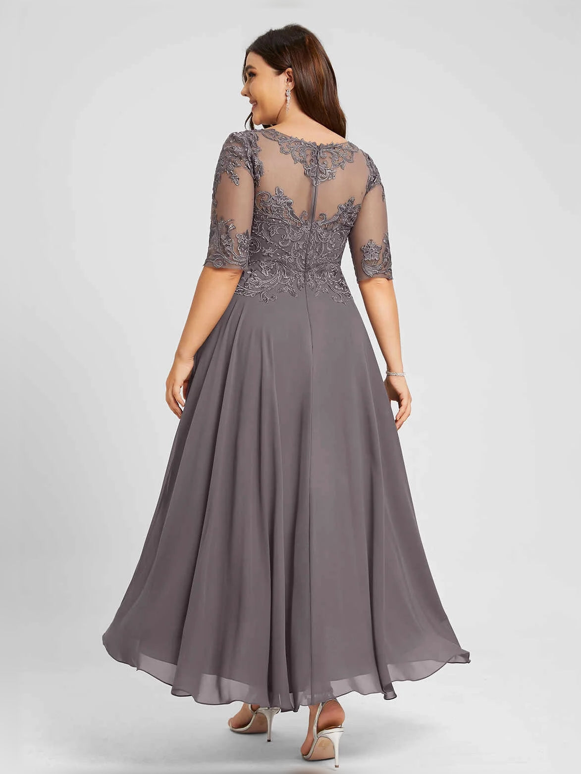 Steel grey A-line midi chiffon dress with embroidered illusion back and lace sleeves