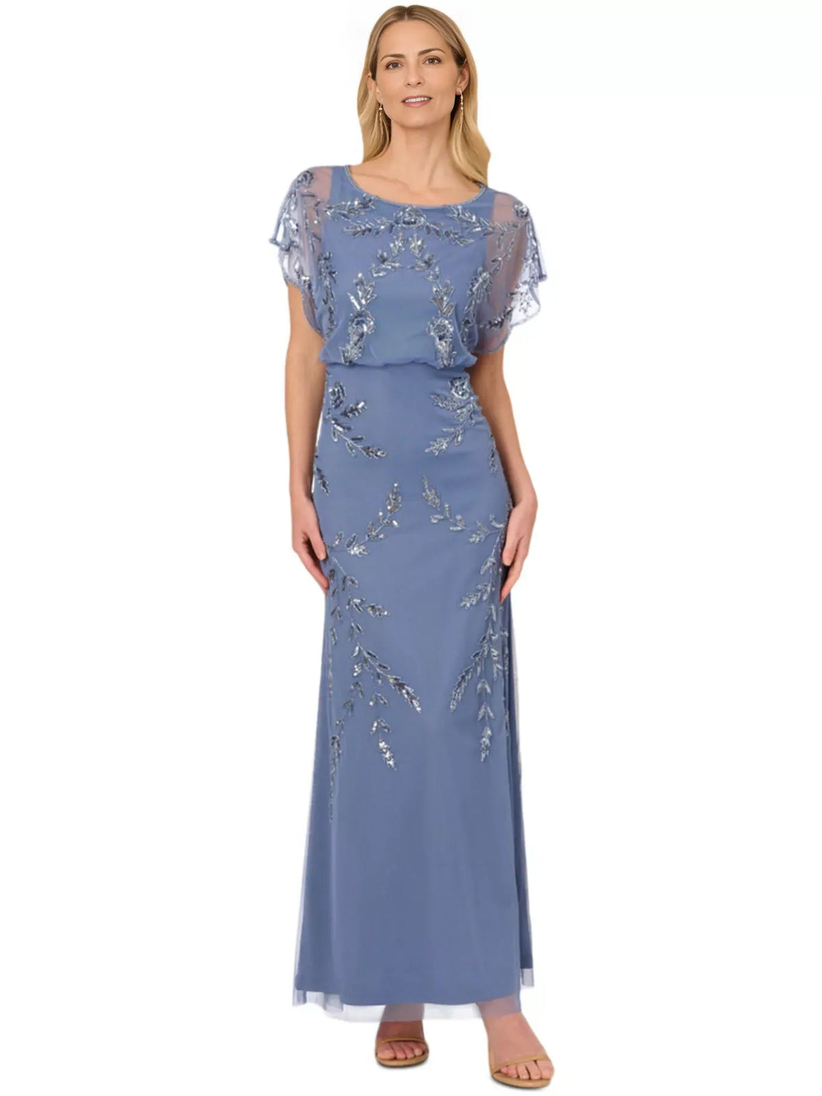 Dusty blue beaded round-neck sheath maxi dress with short flutter sleeves