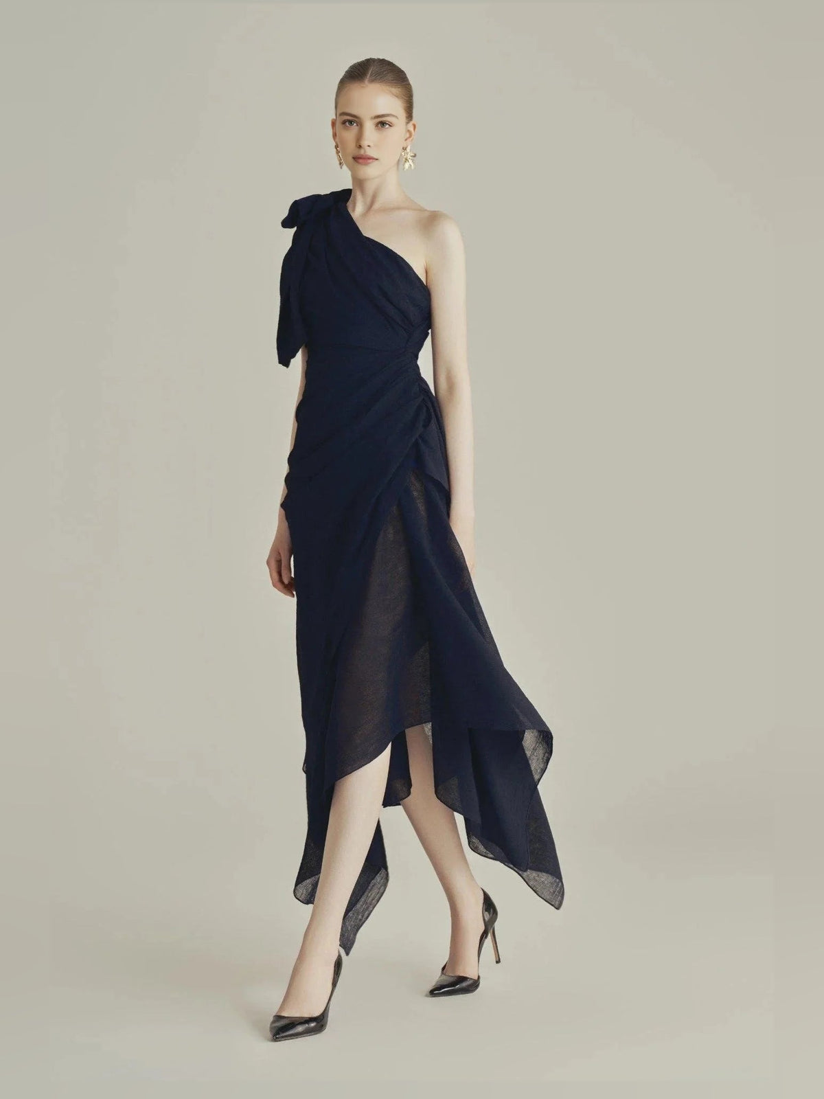 Dark blue one-shoulder midi prom dress with layered asymmetric hem and A-line fit