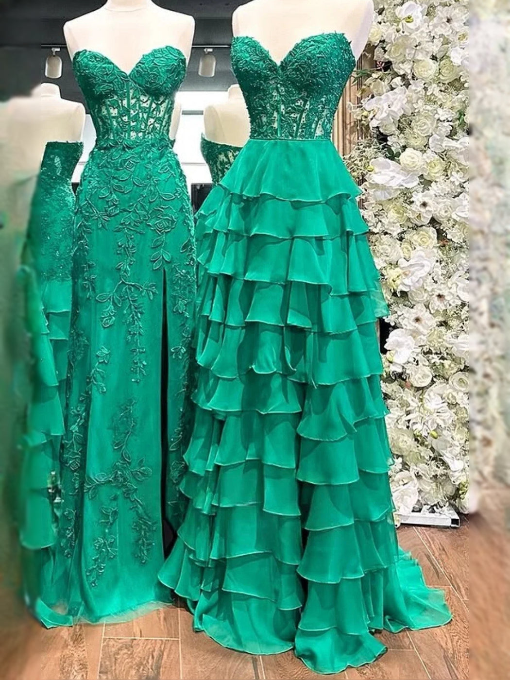 Green sweetheart corset-style ruffle tier prom maxi dress with layered skirt