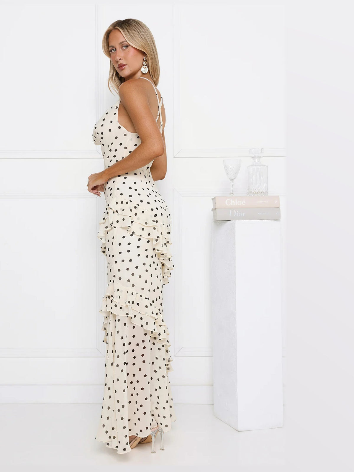 Cream maxi formal dress, alternate full-length view showing the skirt