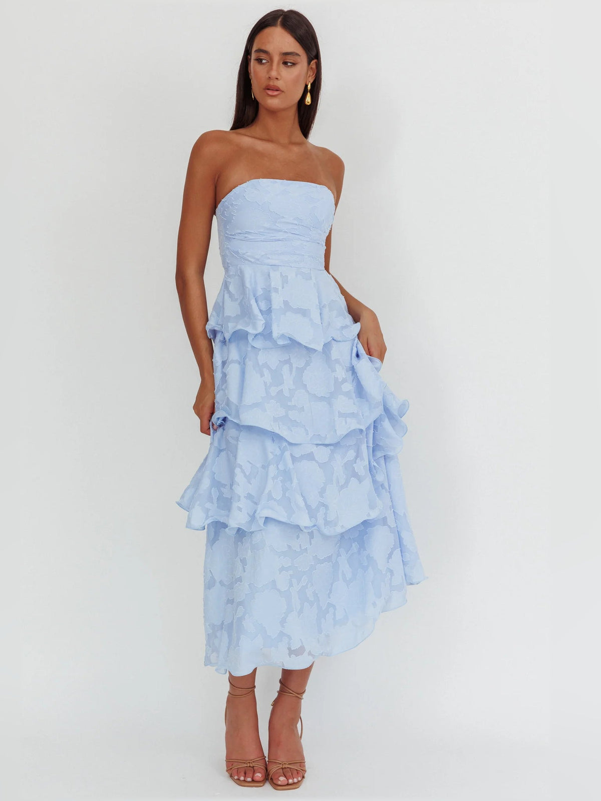 Blue strapless layered midi formal dress with peplum-style ruffle overlay and layered skirt