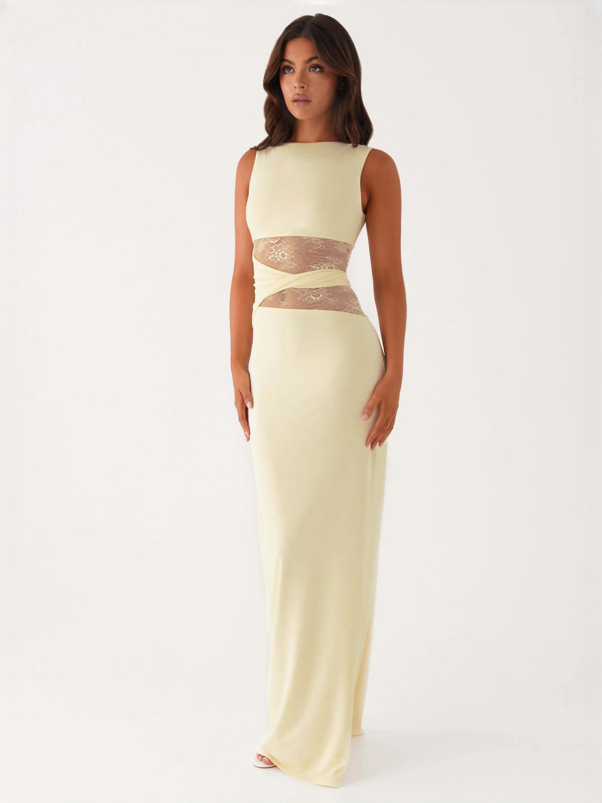 Yellow sheath maxi formal dress with cutout detail, alternate full-length view showing the waist