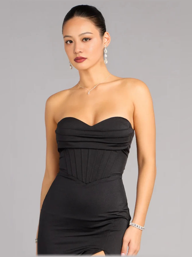 Black strapless corset tiered formal dress, sweetheart neckline and draped bodice