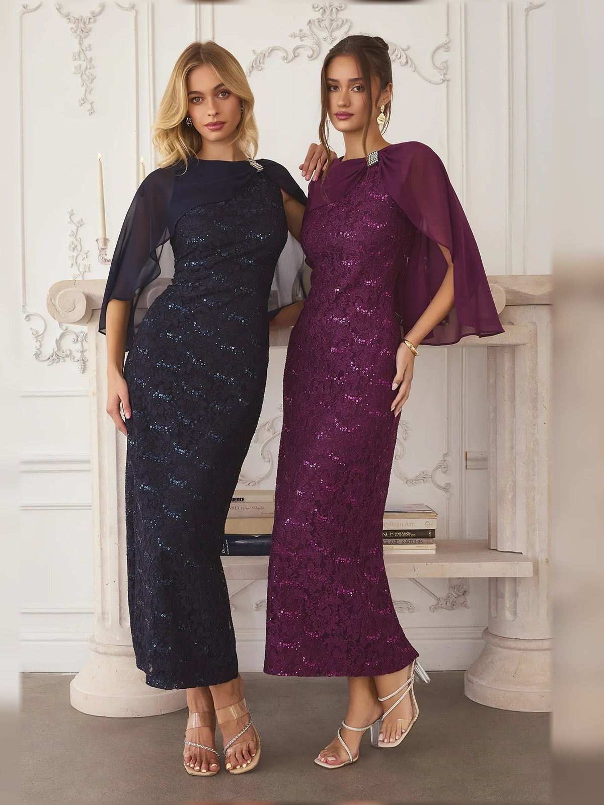 Navy and deep purple lace midi sheath formal dresses with slit, sheer cape sleeves