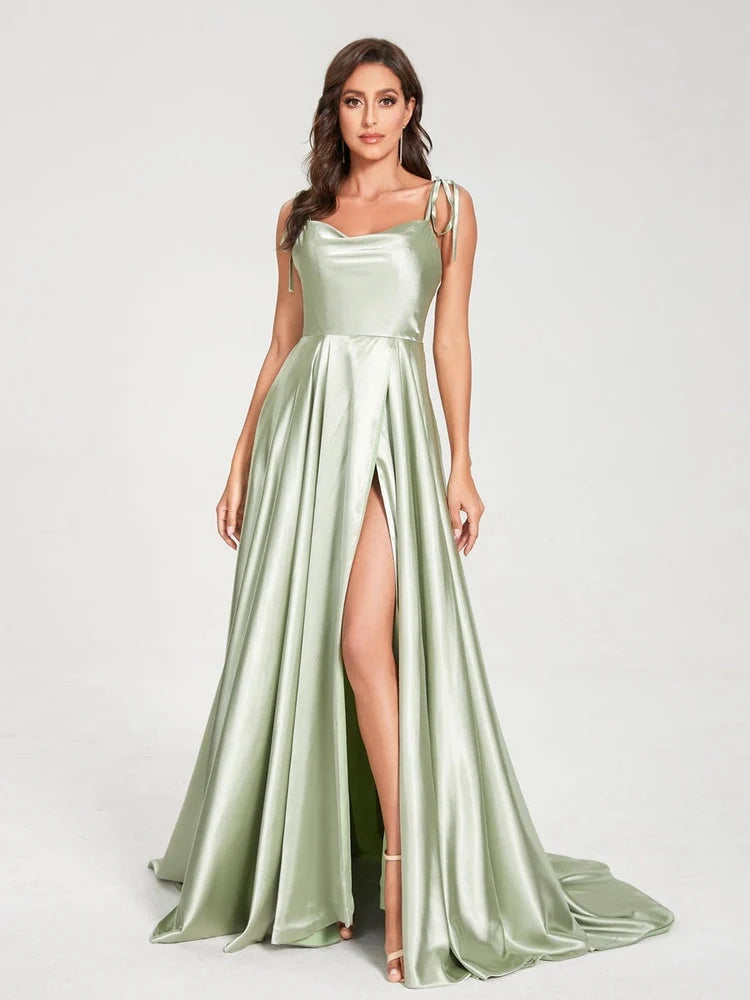 Sage green satin halter A-line formal dress with front slit and floor-length skirt