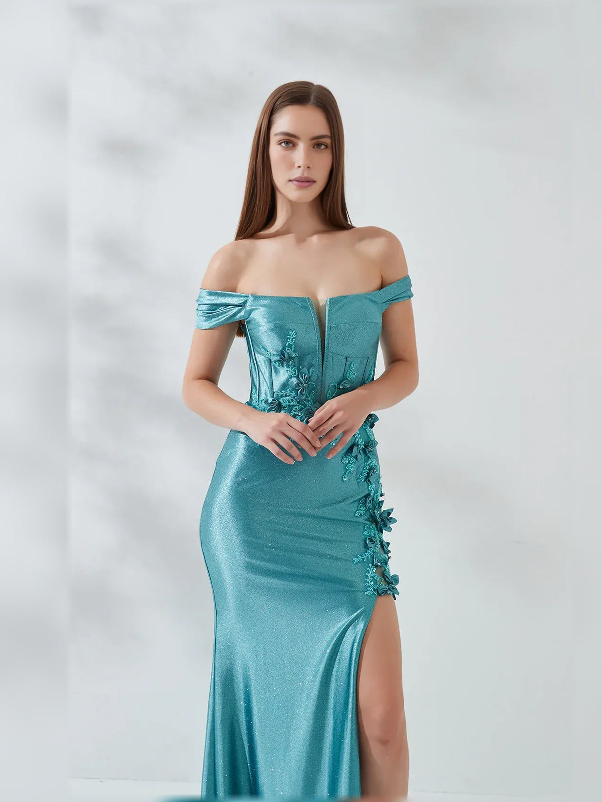 Jade off-shoulder formal dress with floral embroidered bodice and gathered sleeve edges