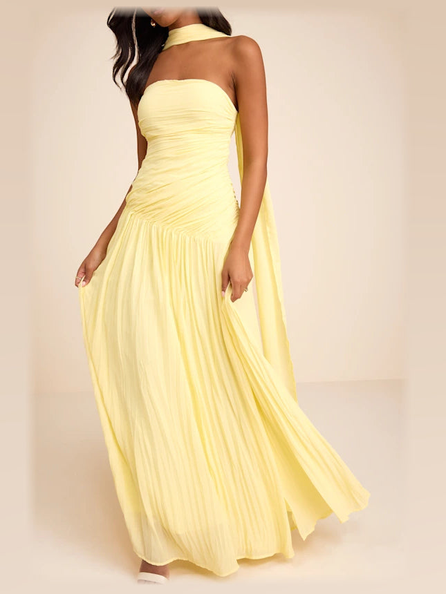 Light Yellow formal dress with pleated detailing
