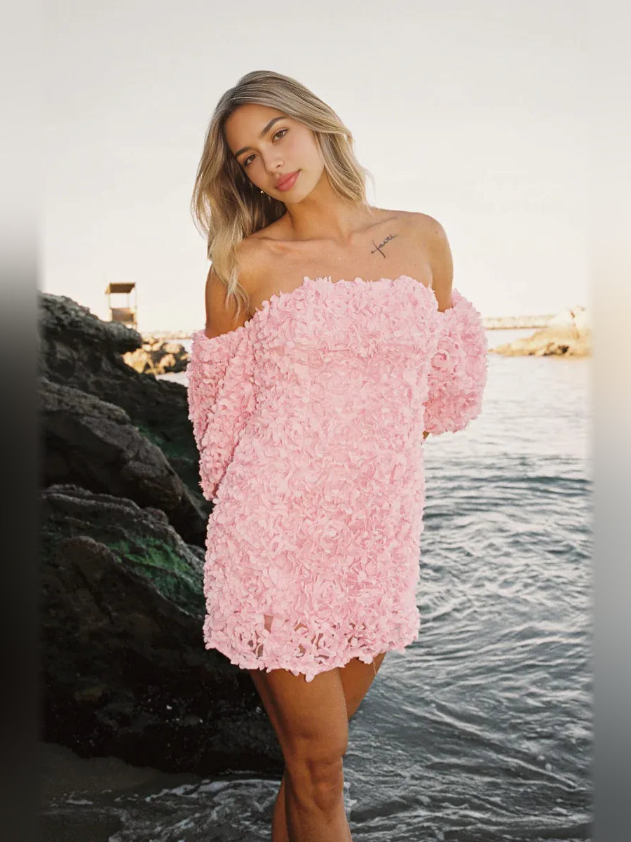 Light pink off-shoulder bodycon mini dress with flower appliqué and short sleeves