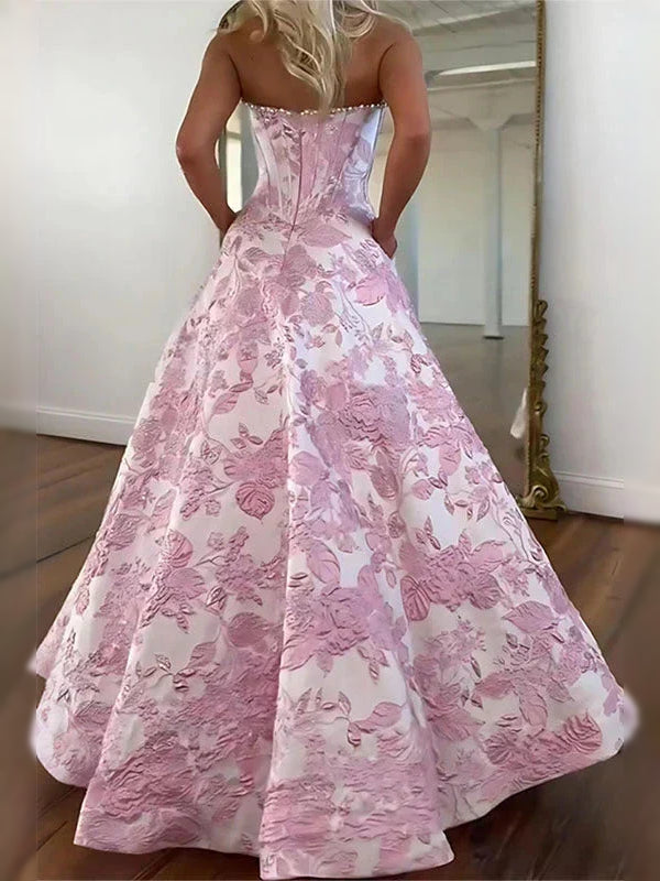 Blush pink corset sweetheart maxi prom dress with A-line floral satin skirt