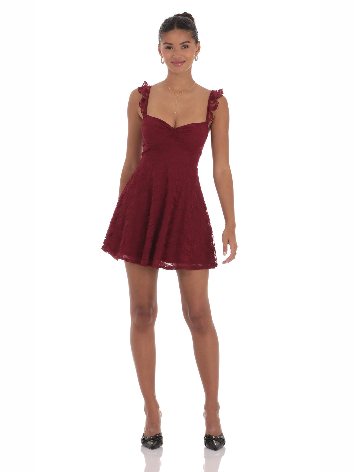 Burgundy homecoming dress with ruffled detailing
