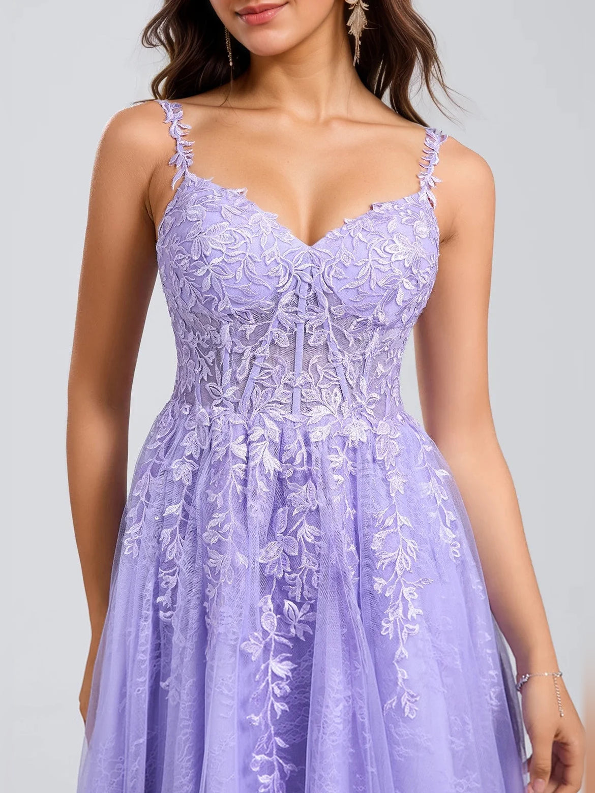 Light purple floral lace corset V-neck A-line tulle mini dress