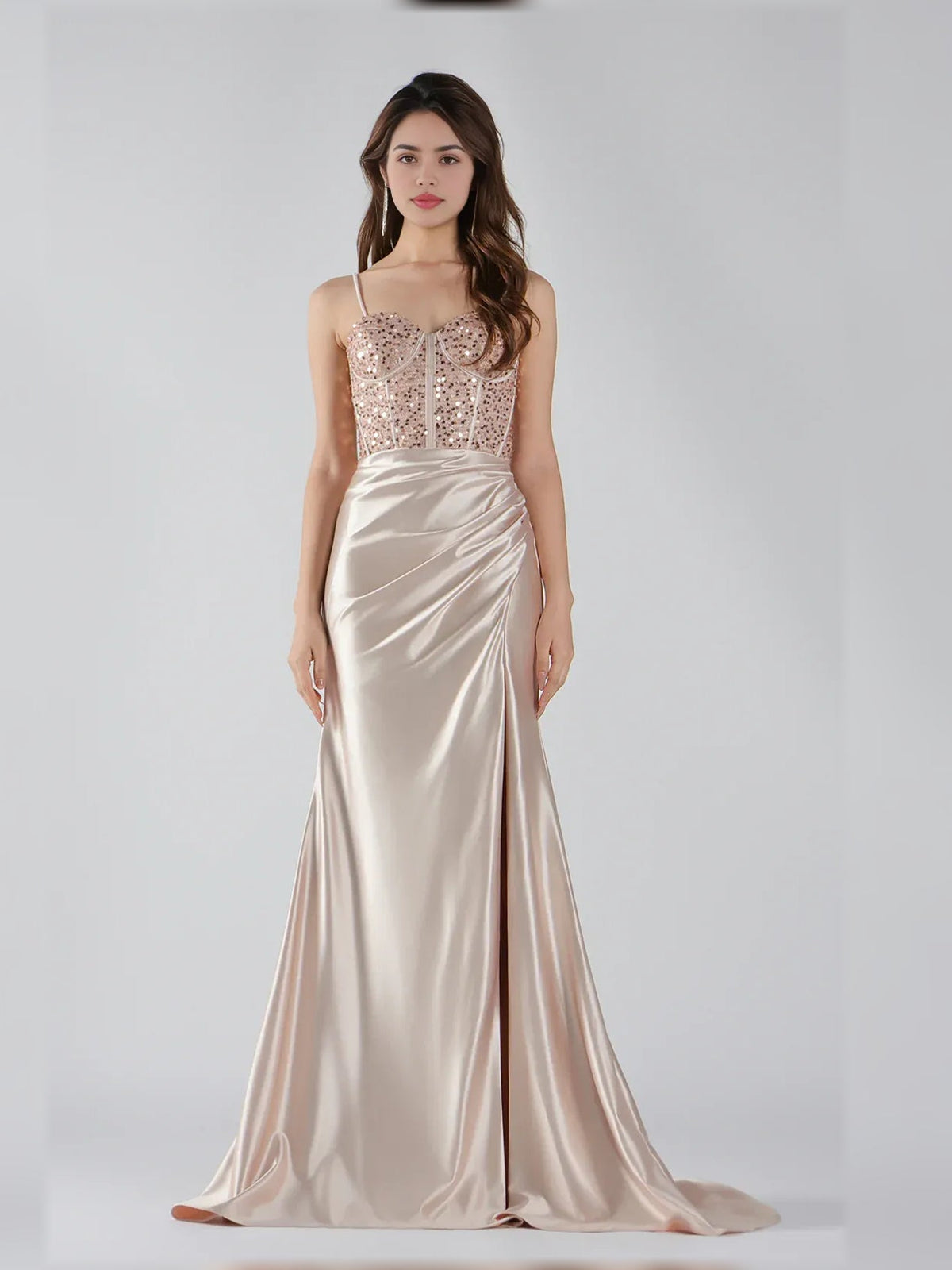 Champagne satin corset gown with sweetheart neckline, beaded bodice, spaghetti straps, slit