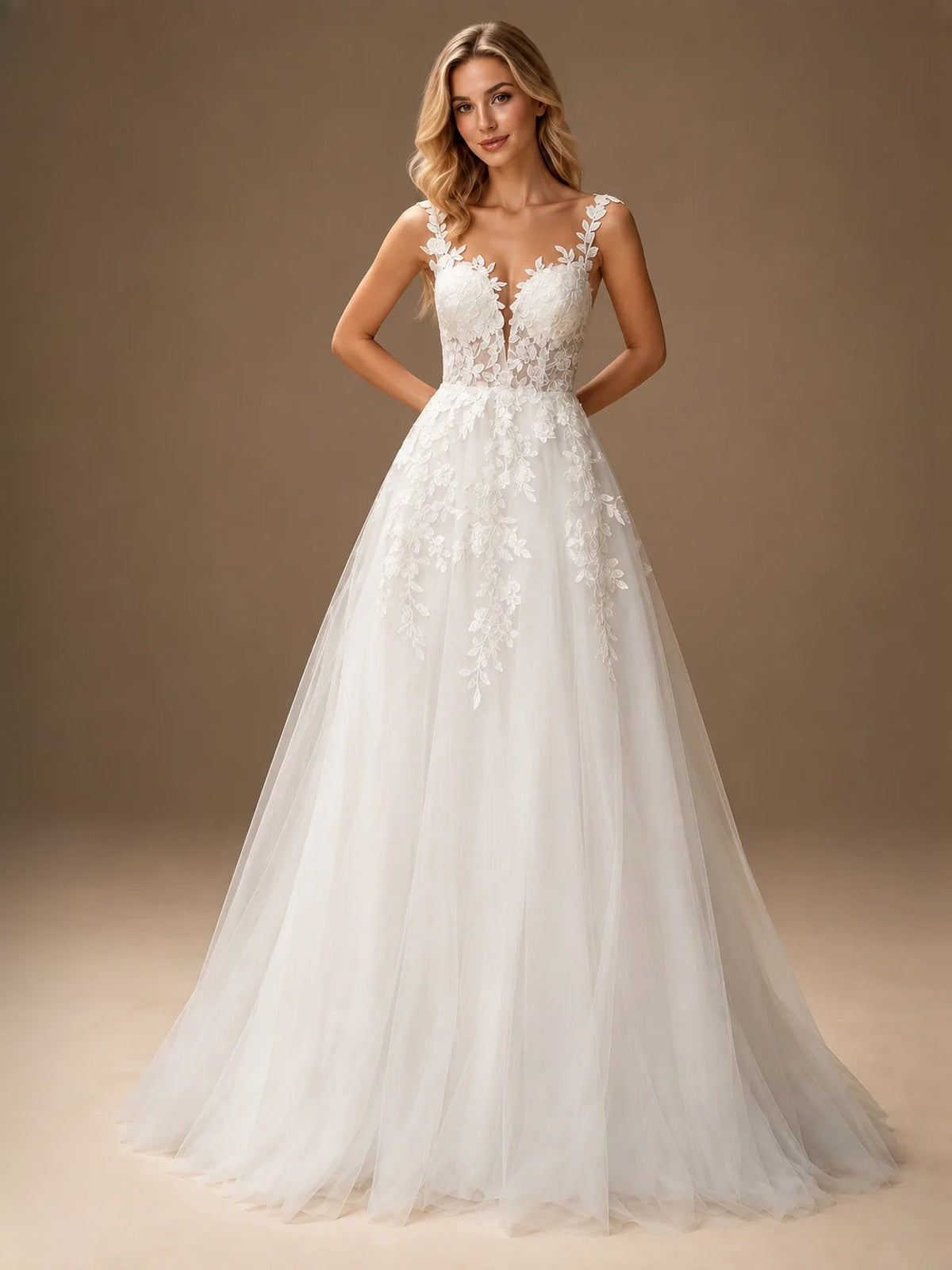 Ivory floral V-neck A-line floor-length wedding dress with lace bodice and tulle skirt