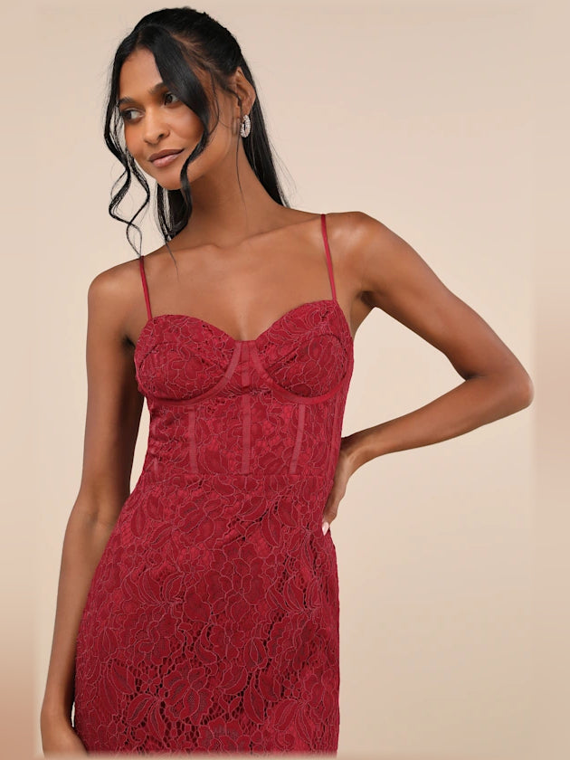 Wine red lace corset-style bodice with thin straps and sweetheart neckline