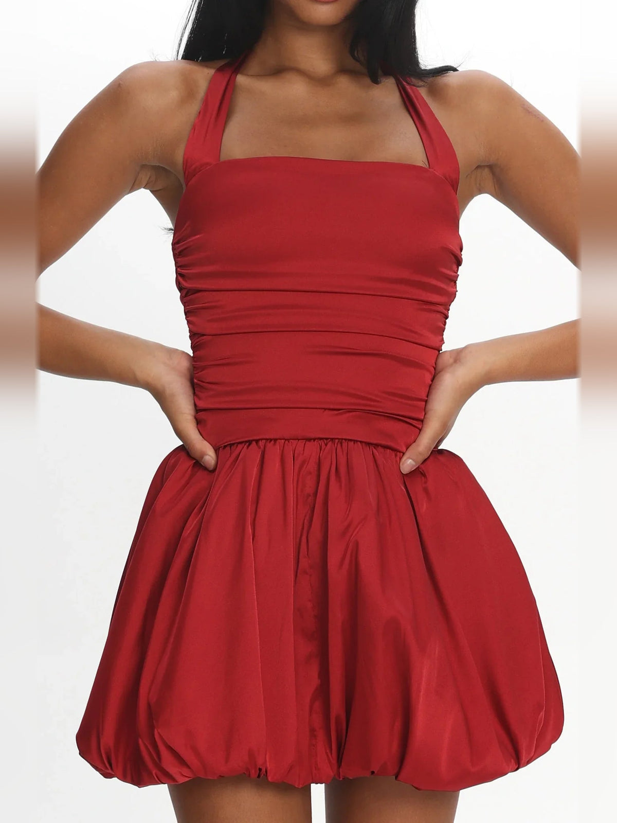 Crimson red ruched satin halter mini dress with gathered fit-and-flare skirt
