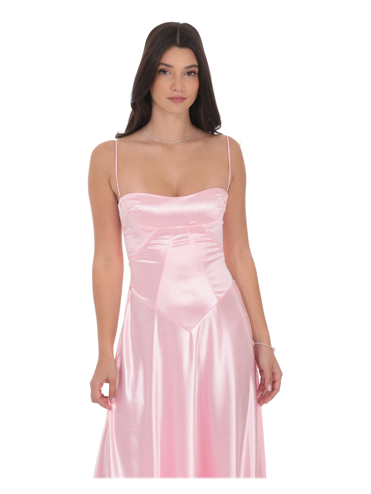 Pink satin corset-style A-line maxi dress with square neckline