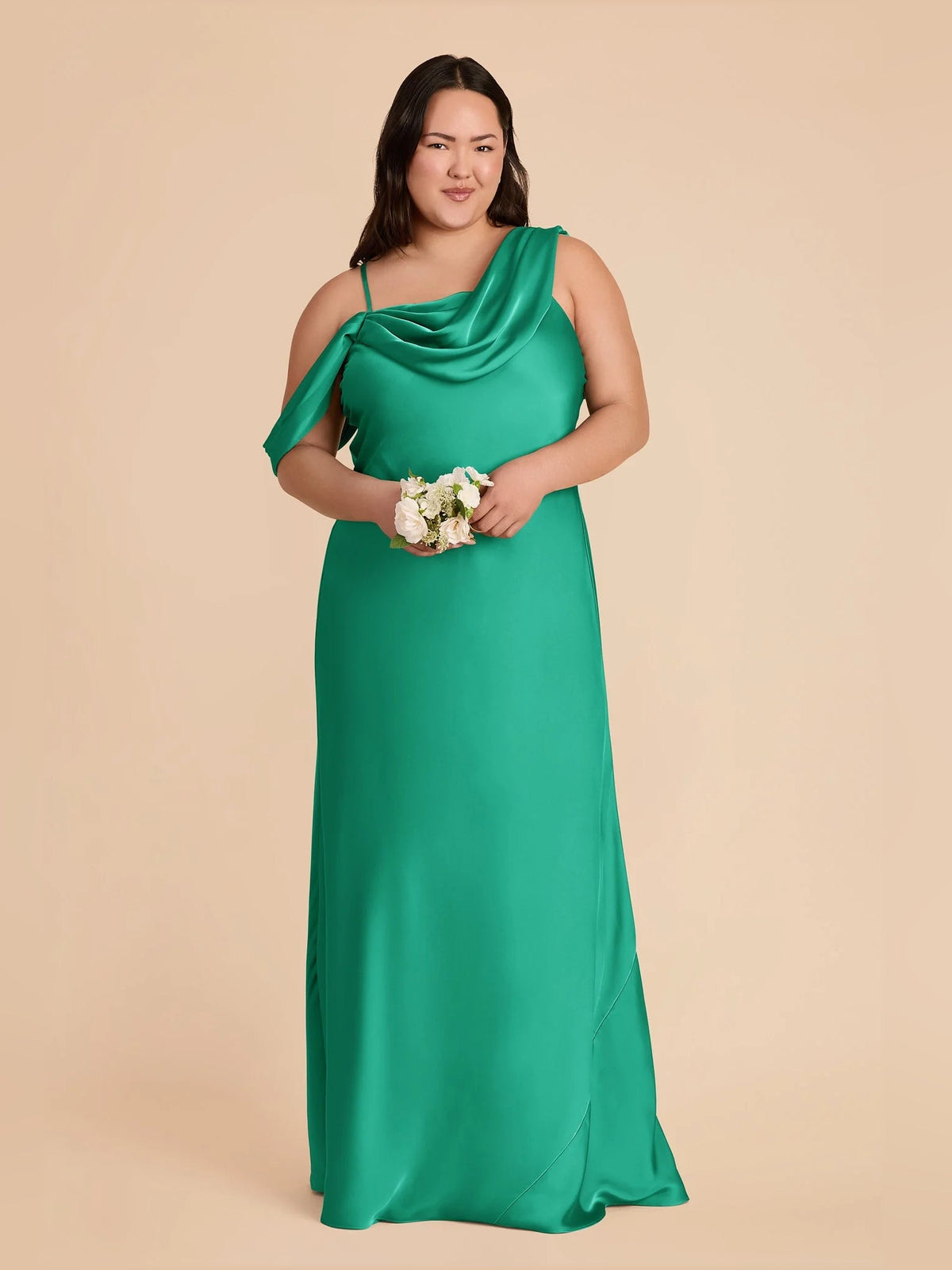 One-shoulder satin formal dress in green, draped neckline and flowing A-line hem