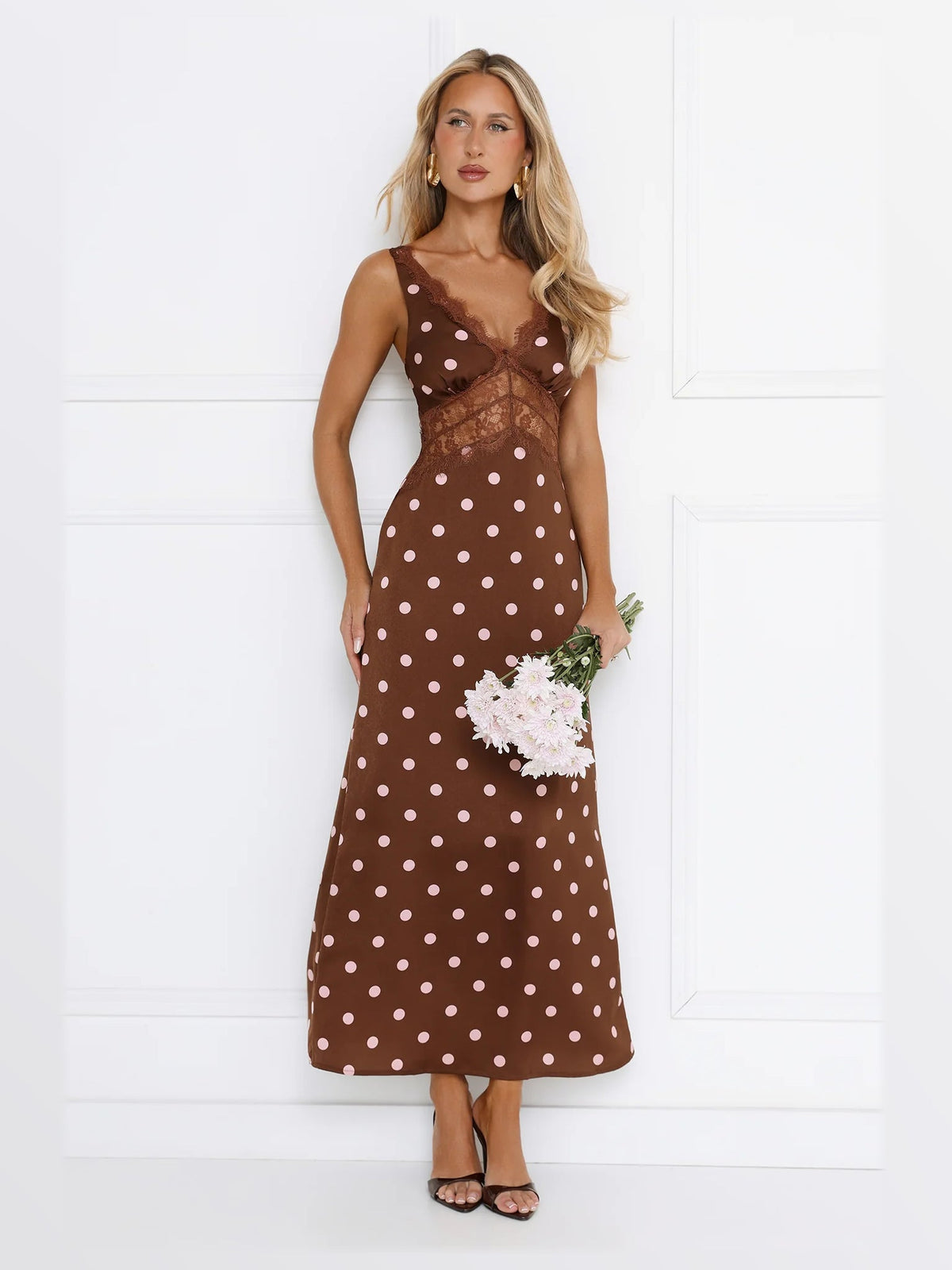Brown maxi formal dress, alternate full-length view showing the skirt