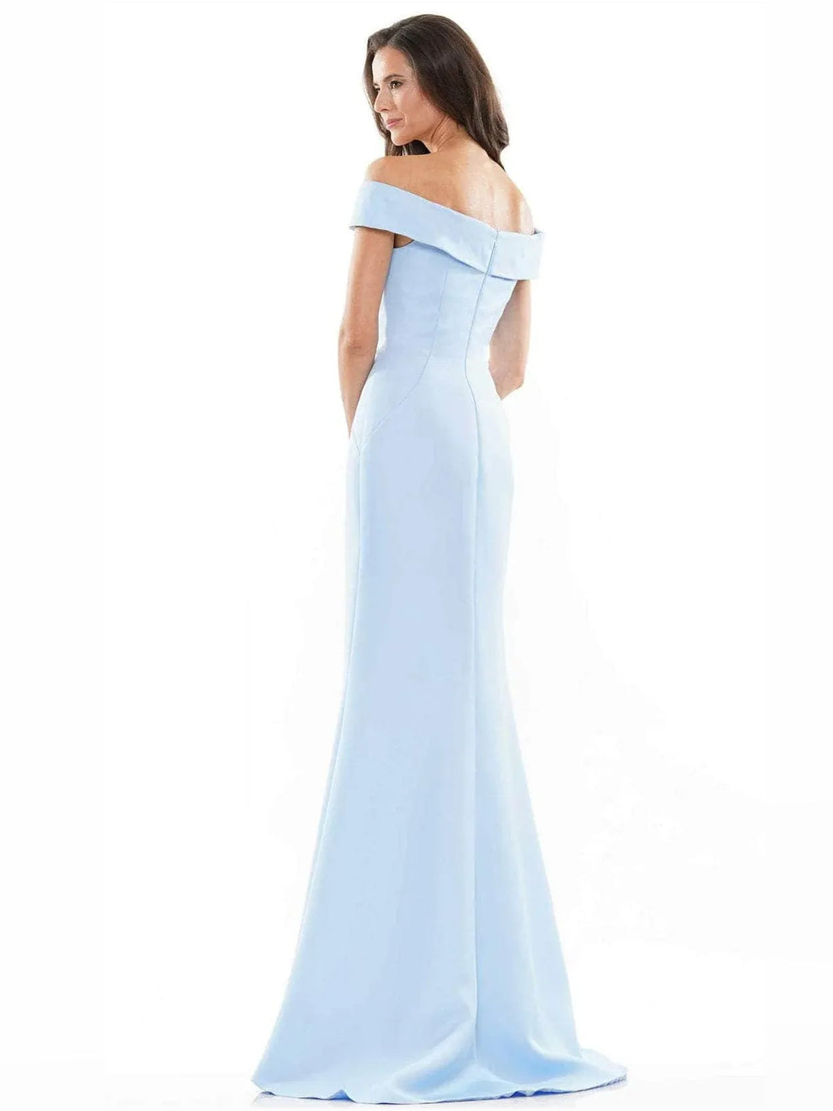 Light blue off-shoulder mermaid formal dress with fitted bodice and long floor-length skirt.