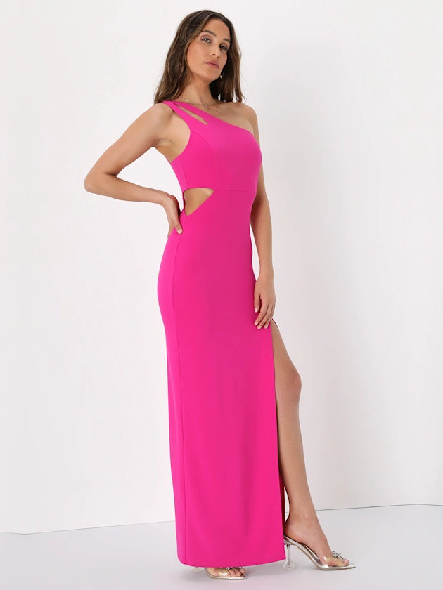 Hot Pink sheath maxi formal dress with skirt slit, alternate view