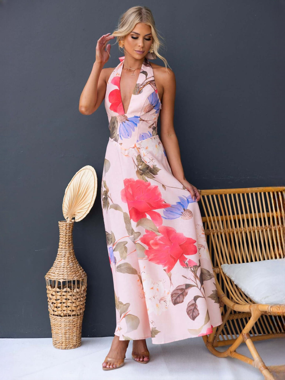 Pink Floral Print a-line maxi formal dress with halter neckline, alternate full-length view showing the waist