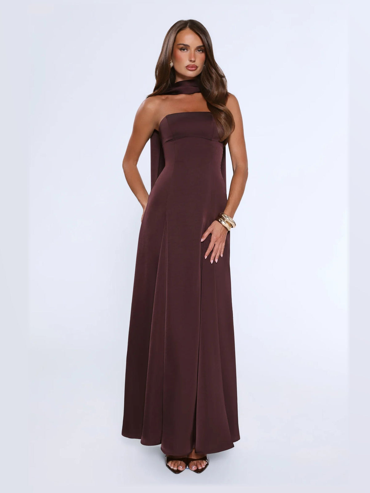 Chocolate formal dress with a-line detailing