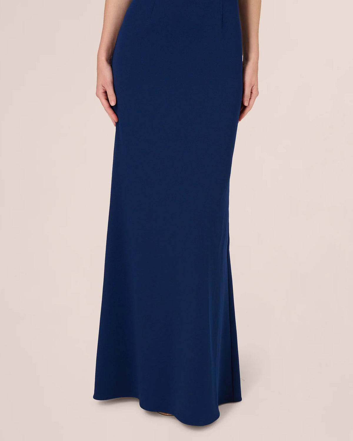 Navy blue A-line maxi skirt with side slit at hem