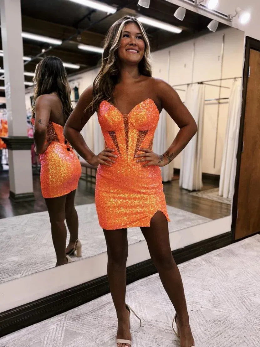 Orange sequin corset mini dress with sweetheart neckline and front thigh slit