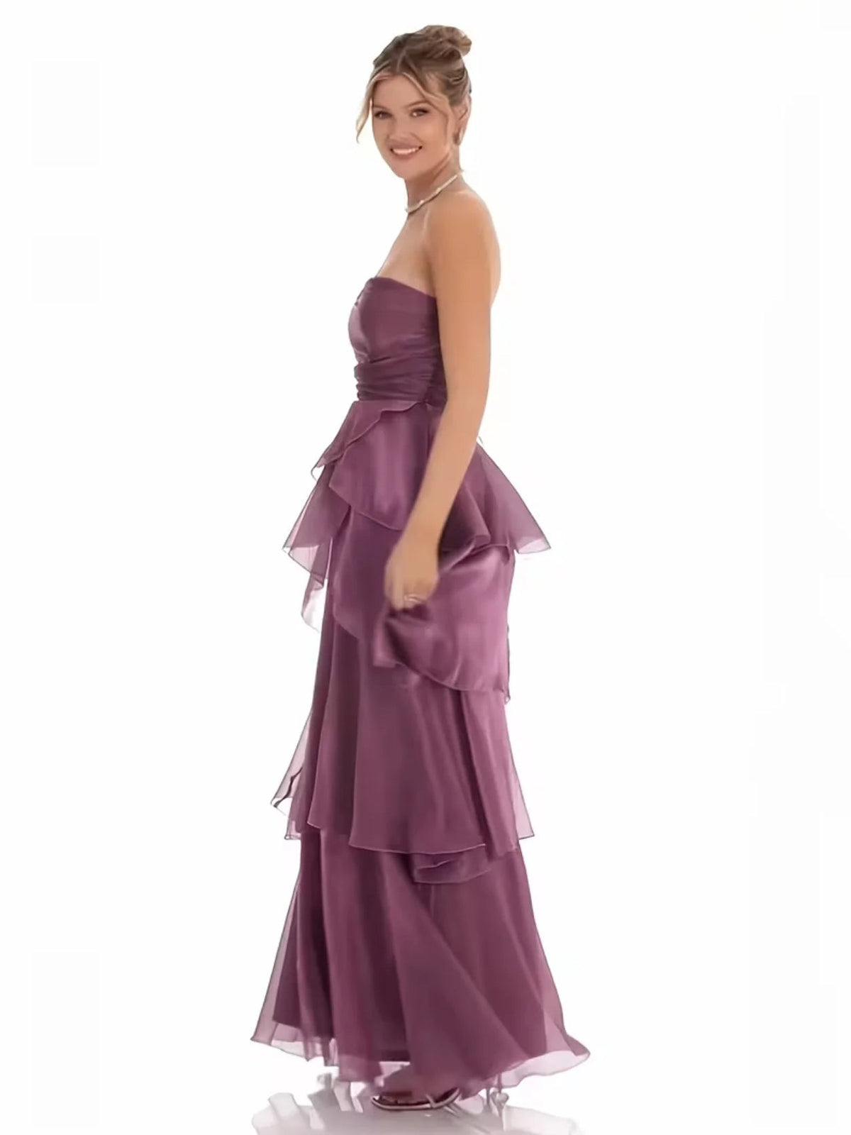 Purple strapless A-line wedding dress with tiered ruffle skirt and long floor-length hem