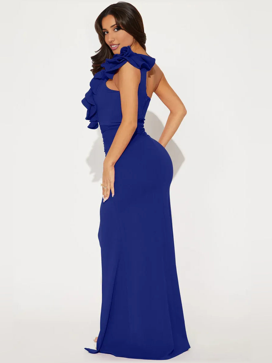 Royal blue one-shoulder ruched formal dress with layered ruffle detail