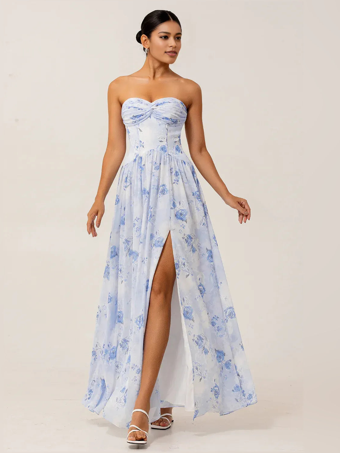 Blue floral chiffon maxi dress with sweetheart strapless bodice and center front slit
