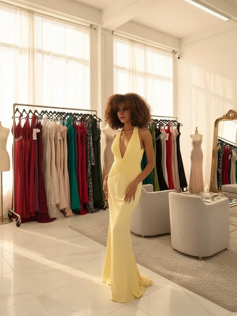 Pale lemon halter-neck floor-length dress with V neckline, ruching, and open back
