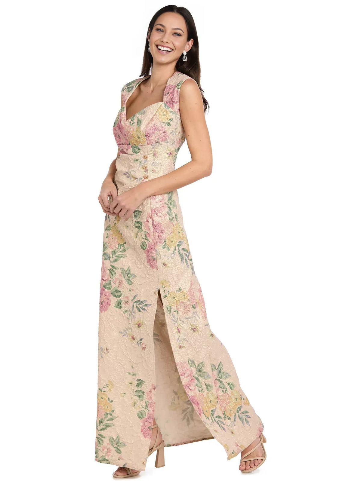Floral formal dress with thigh slit, sleeveless sweetheart neckline, beige with pink and green
