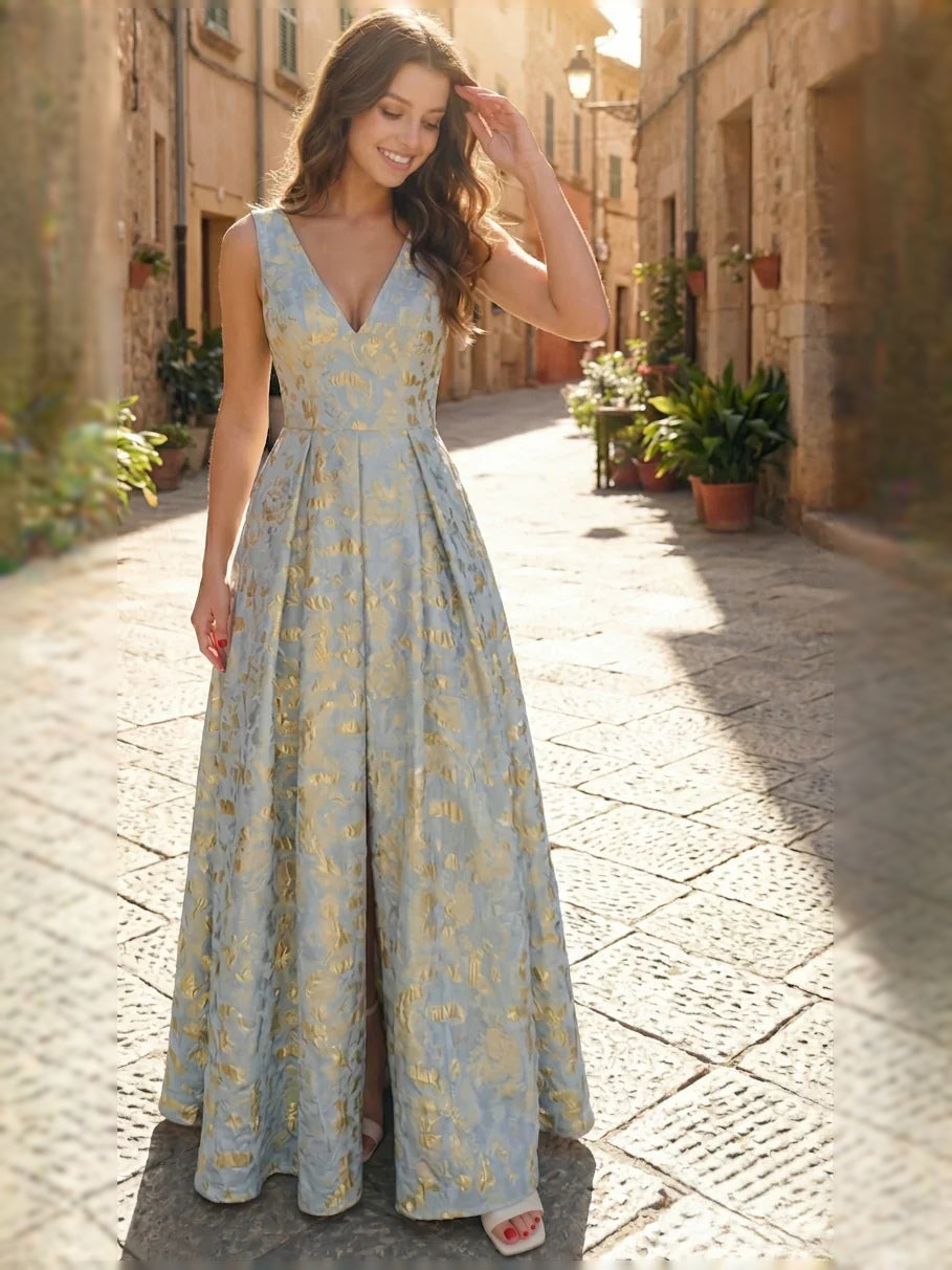 Mist blue floral A-line prom dress, V-neck sleeveless with pleated floor-length skirt