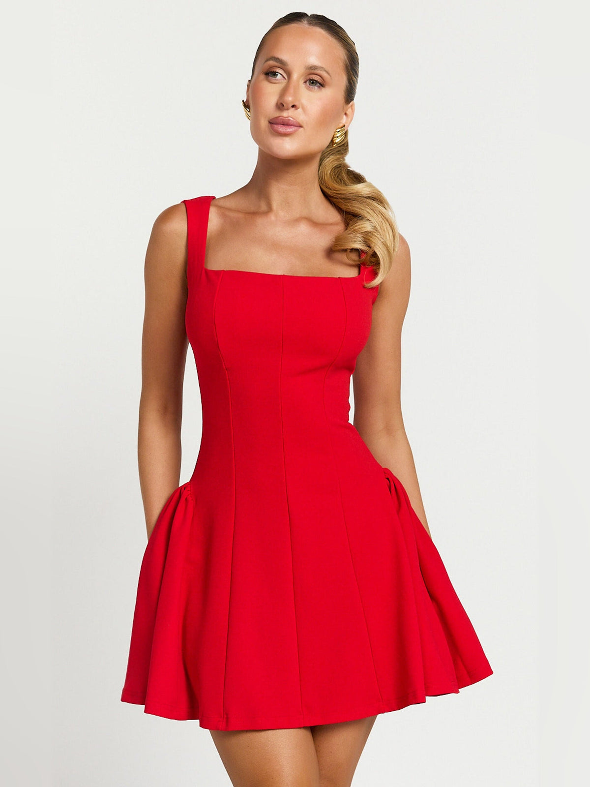 Red fit-and-flare mini dress with square neckline and gathered pleats at the skirt