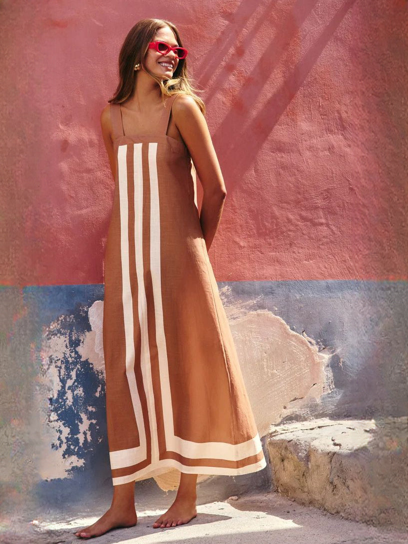 Brown White Stripe a-line maxi formal dress with color-block panels, alternate full-length view