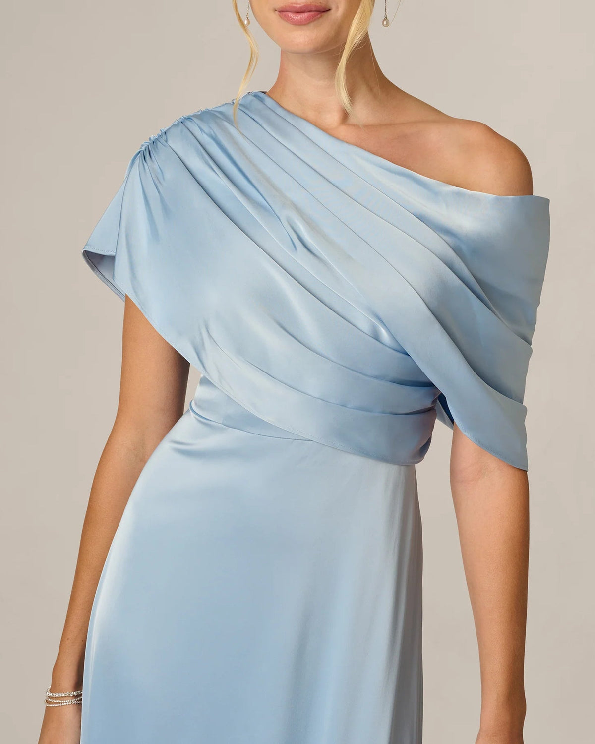 Powder blue draped one-shoulder detail maxi dress with gathered neckline and sleeves