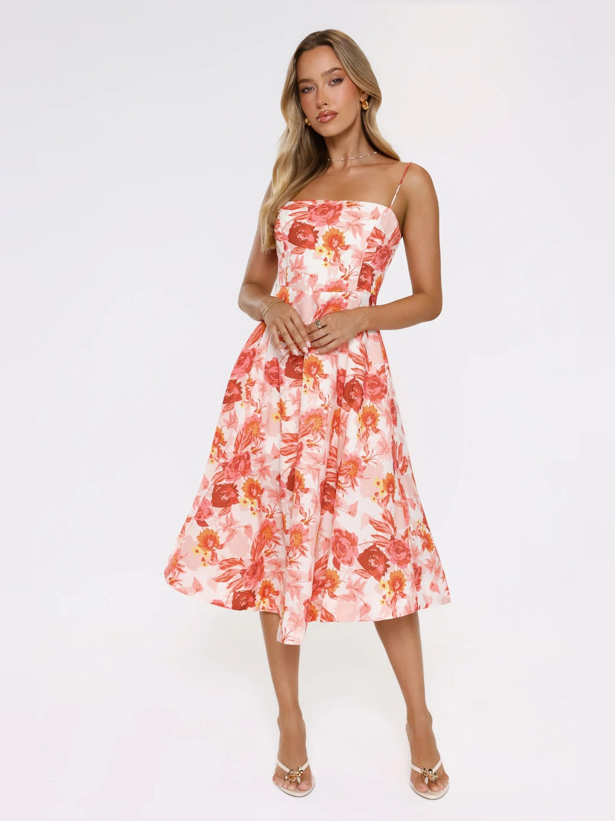 Floral midi formal dress with square neckline and thin straps, flared midi hem